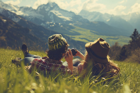 A young couple finds pure bliss as they lie on a lush green meadow under the vast open sky. This idyllic scene captures the essence of a romantic getaway, with the couple immersed in nature's embrace. Perfect for concepts related to love, romance, travel, and outdoor relaxationの素材