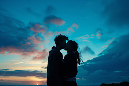 A heartwarming moment of a family kiss beneath the endless blue sky. This image radiates love, unity, and the joy of togetherness. Ideal for family-oriented themes, love, happiness, bonding, and outdoor activitiesの素材