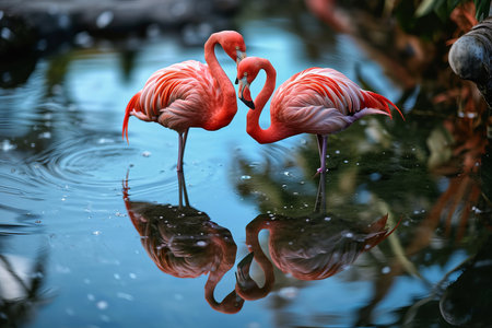 Witness the beauty of nature's love as a pair of graceful pink flamingos come together to create a heart shape in a tranquil reflection pond. This enchanting image symbolizes the universal language of love found in the animal kingdomの素材