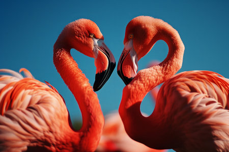 Witness the beauty of nature's love as a pair of graceful pink flamingos come together to create a heart shape in a tranquil reflection pond. This enchanting image symbolizes the universal language of love found in the animal kingdomの素材