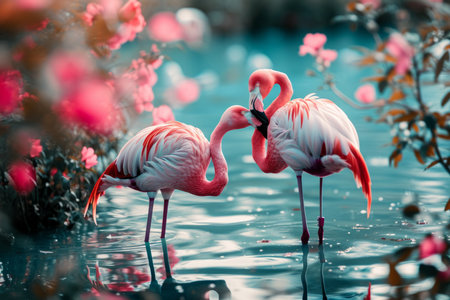 Witness the beauty of nature's love as a pair of graceful pink flamingos come together to create a heart shape in a tranquil reflection pond. This enchanting image symbolizes the universal language of love found in the animal kingdomの素材