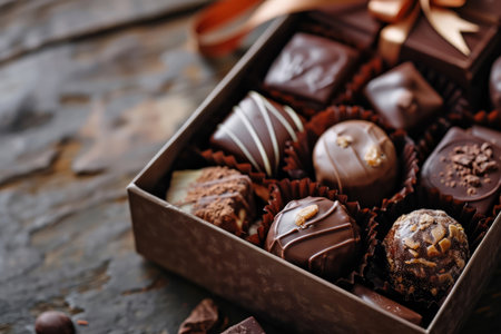 Indulge in the world of sweet delights with a square confectioner photography background. Featuring a variety of exquisite chocolate pralines nestled in a beautifully wrapped gift box adorned with a satin ribbon. This delectable arrangement sits atop a rich, dark brown table, tempting your taste buds and evoking the joy of giftingの素材