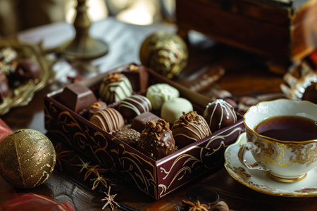 Experience gourmet indulgence with this exquisite collection of handcrafted chocolates. Each chocolate is a work of art, featuring intricate designs of drizzles, toppings, and decorations that range from crunchy nut pieces to delicate swirls of both white and dark chocolate. Elevate your chocolate cravings to a whole new level of decadenceの素材