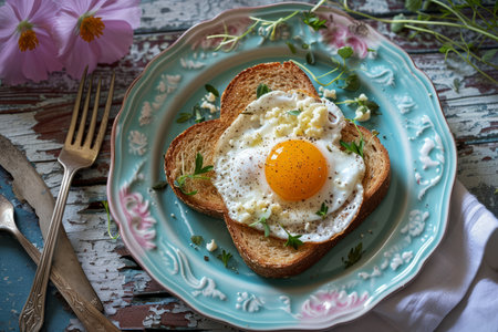 Indulge in the essence of a delightful breakfast, served with a touch of love. A pastel color plate cradles a heart-shaped wheat toast, perfectly toasted, and crowned with a fried egg. The yolk, centered like a symbol of affection, adds a heartwarming touch to this morning masterpieceの素材