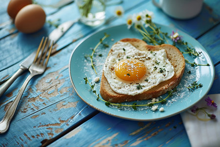 Indulge in the essence of a delightful breakfast, served with a touch of love. A pastel color plate cradles a heart-shaped wheat toast, perfectly toasted, and crowned with a fried egg. The yolk, centered like a symbol of affection, adds a heartwarming touch to this morning masterpieceの素材