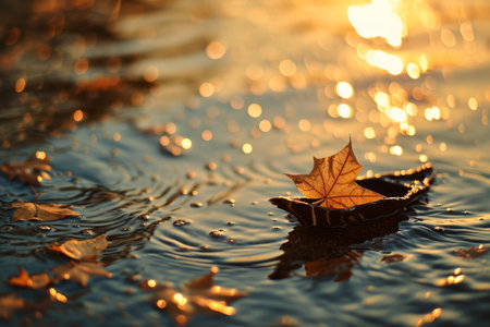 Imagine a poetic scene at sunset, where a single dried maple leaf, fashioned into a miniature boat, sails gently on calm waters. This enchanting image captures the beauty of nature's artistry and the tranquility of twilightの素材