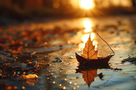 Imagine a poetic scene at sunset, where a single dried maple leaf, fashioned into a miniature boat, sails gently on calm waters. This enchanting image captures the beauty of nature's artistry and the tranquility of twilightの素材