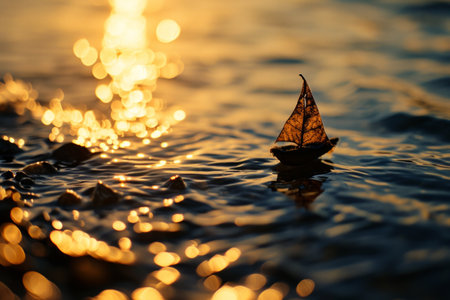 Imagine a poetic scene at sunset, where a single dried maple leaf, fashioned into a miniature boat, sails gently on calm waters. This enchanting image captures the beauty of nature's artistry and the tranquility of twilightの素材