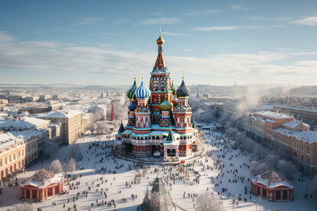 A stunning view of St. Basil's Cathedral in Moscow's Red Square during the winter season. Against a backdrop of clear blue skies, the cathedral's colorful onion domes shine brightly, creating a picturesque scene that encapsulates the splendor of this iconic Russian landmarkの素材