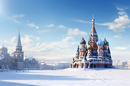 A stunning view of St. Basil's Cathedral in Moscow's Red Square during the winter season. Against a backdrop of clear blue skies, the cathedral's colorful onion domes shine brightly, creating a picturesque scene that encapsulates the splendor of this iconic Russian landmarkの素材