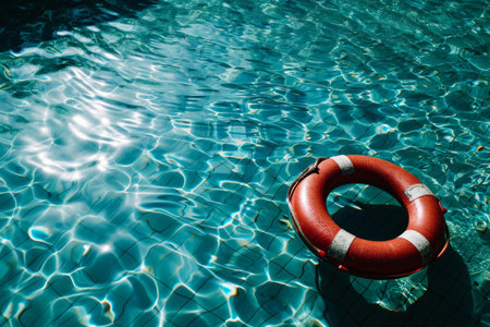 A captivating image capturing a vivid red lifebuoy peacefully floating on the surface of a serene swimming pool. The stark contrast of the buoy's red hue against the inviting turquoise water creates a visually stunning sceneの素材