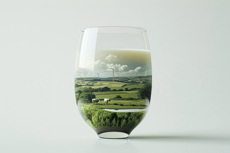 In this captivating advertisement, a simple glass of milk undergoes a magical transformation. The milk seamlessly evolves into a layered display of serene natural landscapes. The top layer reveals a picturesque pasture with contented cows grazing beneath the open sky, where a distant windmill turns gently in the breezeの素材