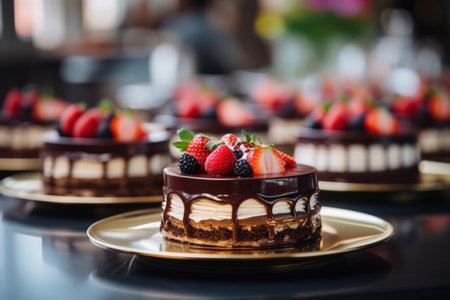 This exquisite image captures the essence of a corporate annual meeting's lively atmosphere. A delectable mousse cake, adorned with no strawberries, takes center stage on a beautifully set table with a light-colored tablecloth. The golden hour light enhances the ambiance, showcasing the attention to detail at this five-star hotel buffet. Nearby, trays hold a delightful assortment of cupcakes in two distinct varietiesの素材