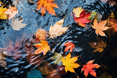 This captivating image showcases the essence of autumn, with colorful fall leaves gracefully floating on the tranquil surface of a pond. These autumn leaves create a picturesque scene, reflected beautifully in the clear water below. It's a sunny day in October, celebrating the breathtaking beauty of nature during this November season transitionの素材