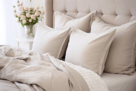 This image captures the inviting details of a cozy bedroom interior. A comfortable bed adorned with soft white pillows and bedding invites relaxation and tranquility. It's the perfect setting for a peaceful night's sleep or a relaxing retreatの素材