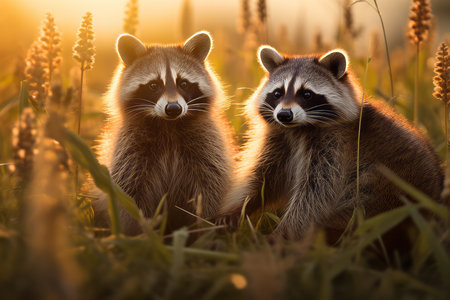 Two charming raccoons find tranquility in a field bathed in the warm, golden light of the setting sun. This image captures a serene moment in nature's embraceの素材