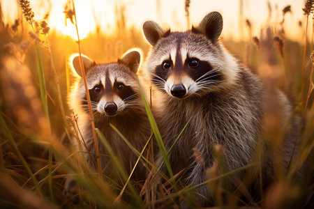 Two charming raccoons find tranquility in a field bathed in the warm, golden light of the setting sun. This image captures a serene moment in nature's embraceの素材