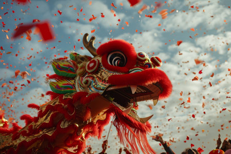 Vibrant and captivating, this image showcases the mesmerizing Chinese Dragon Dance performed during the Chinese New Year festival. The intricate dragon costume comes to life with vibrant colors and agile movements, symbolizing the arrival of a prosperous new yearの素材