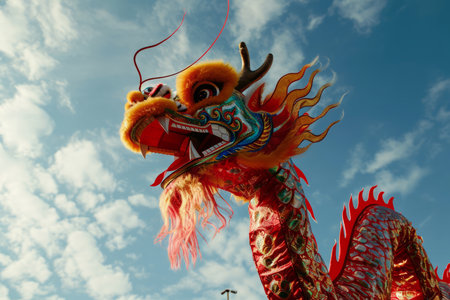 Vibrant and captivating, this image showcases the mesmerizing Chinese Dragon Dance performed during the Chinese New Year festival. The intricate dragon costume comes to life with vibrant colors and agile movements, symbolizing the arrival of a prosperous new yearの素材