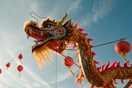 Vibrant and captivating, this image showcases the mesmerizing Chinese Dragon Dance performed during the Chinese New Year festival. The intricate dragon costume comes to life with vibrant colors and agile movements, symbolizing the arrival of a prosperous new yearの素材