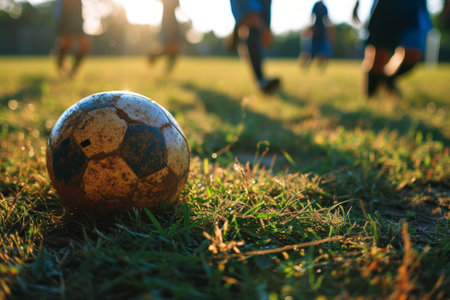 In this close-up shot, enthusiastic kids are seen playing football on a vibrant green pitch. The focus is on their energetic legs and the soccer ball, capturing the excitement and spirit of the gameの素材