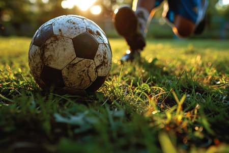 In this close-up shot, enthusiastic kids are seen playing football on a vibrant green pitch. The focus is on their energetic legs and the soccer ball, capturing the excitement and spirit of the gameの素材