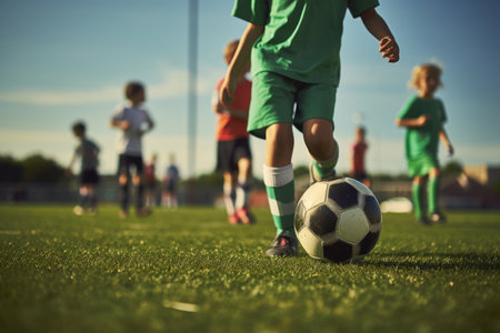 In this close-up shot, enthusiastic kids are seen playing football on a vibrant green pitch. The focus is on their energetic legs and the soccer ball, capturing the excitement and spirit of the gameの素材