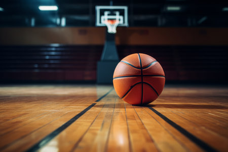 An artistic image captures a basketball resting gracefully on the court floor, showcasing the elegance of this beloved sportの素材