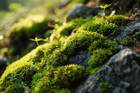 Explore the enchanting beauty of nature with this image showcasing vibrant green moss adorning rugged stones and the forest floor. A testament to the serene wonders of the forestの素材