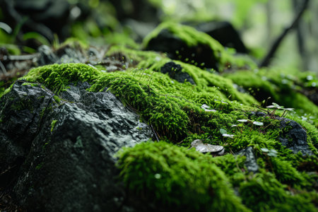 Explore the enchanting beauty of nature with this image showcasing vibrant green moss adorning rugged stones and the forest floor. A testament to the serene wonders of the forestの素材