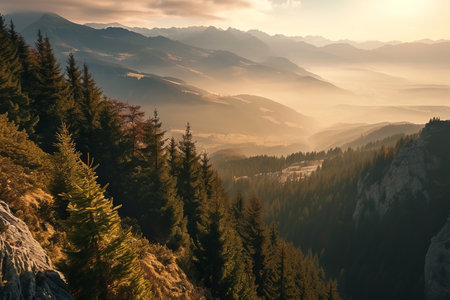Witness the breathtaking beauty of the morning in the high mountain wilderness. This panoramic image captures the awe-inspiring scenery of pristine nature at sunriseの素材
