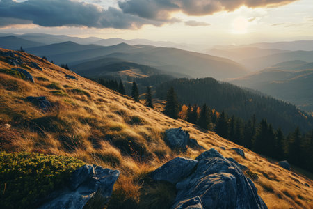 Witness the breathtaking beauty of the morning in the high mountain wilderness. This panoramic image captures the awe-inspiring scenery of pristine nature at sunriseの素材