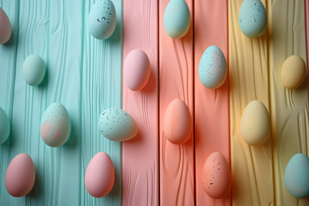 Evoke the spirit of Easter with this delightful image featuring pastel-painted eggs artfully arranged on a bright wooden table. A celebration of color, tradition, and the joy of springtimeの素材