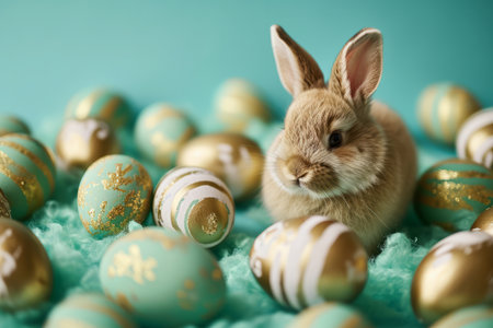 A delightful composition capturing the charm of Easter, featuring a cute little bunny surrounded by a collection of beautifully painted Easter eggs in various shades of gold and green stripesの素材