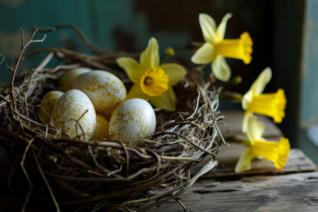 A top-down view of vibrant painted Easter eggs nestled in a bird nest basket, set upon a lush green meadow surrounded by tall grasses. A picturesque representation of Easter traditions in a natural settingの素材