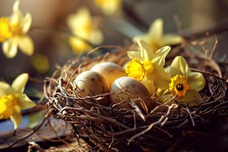 A top-down view of vibrant painted Easter eggs nestled in a bird nest basket, set upon a lush green meadow surrounded by tall grasses. A picturesque representation of Easter traditions in a natural settingの素材