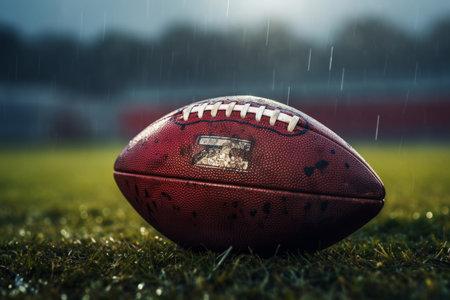 A stunning closeup of an American football placed on the vibrant green field. The detailed texture of the ball and the surrounding grass make this image perfect for sports-related designs and projectsの素材