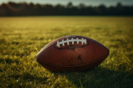 A stunning closeup of an American football placed on the vibrant green field. The detailed texture of the ball and the surrounding grass make this image perfect for sports-related designs and projectsの素材