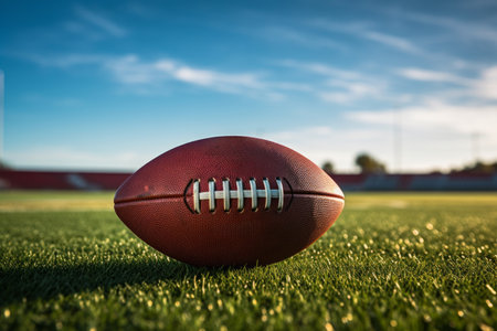 A stunning closeup of an American football placed on the vibrant green field. The detailed texture of the ball and the surrounding grass make this image perfect for sports-related designs and projectsの素材