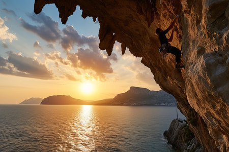 Experience the essence of adventure in this stunning image. A solo climber fearlessly defies gravity, scaling an overhanging rock face against the backdrop of a breathtaking sunsetの素材