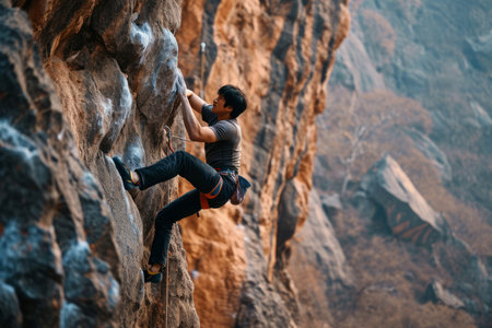 Witness the determination and courage of an Asian man rock climber as he conquers a challenging cliff. Dressed in black pants, he defies gravity against the rugged terrain, embodying the spirit of adventureの素材