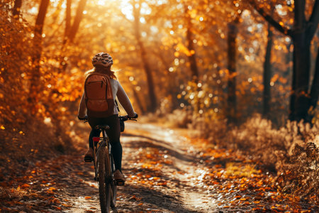 Experience the beauty of autumn as a sporty woman with a backpack rides a mountain bike through a colorful forest at sunset. The serene landscape features a dirt road, trees adorned with vibrant orange leaves, and the spirit of outdoor adventureの素材
