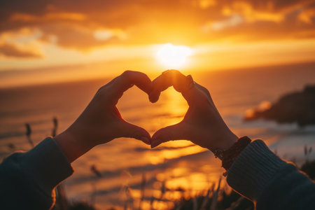 Two hands lovingly intertwined, forming a heart shape against the backdrop of a serene sunset. This image radiates warmth, connection, and the beauty of shared momentsの素材