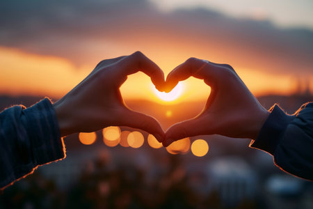 Two hands lovingly intertwined, forming a heart shape against the backdrop of a serene sunset. This image radiates warmth, connection, and the beauty of shared momentsの素材