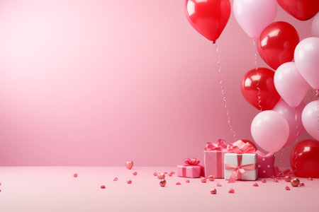 A delightful Valentine's Day background featuring red and pink heart-shaped balloons, gifts, and decorations against a charming pink backdrop. Perfect for expressing love and romanceの素材