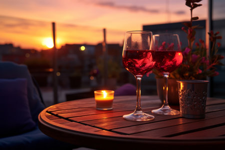 Capture the magic of a rooftop sunset with this vibrant image. It features a corner adorned with New Year decorations, where two wine glasses await a celebratory toastの素材