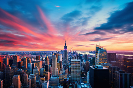 A breathtaking panoramic view of New York City at sunset with a dramatic and colorful sky. The iconic skyline comes to life as the city lights begin to twinkleの素材