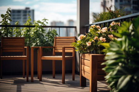 A beautiful, stylish balcony or terrace adorned with chairs, natural material decorations, and lush potted plants. Enjoy a sunny day with a view of the city in the backgroundの素材