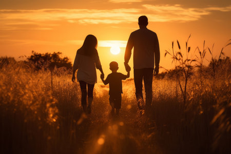 In this heartwarming silhouette, a happy family, including a mother, father, and child son, strolls through a picturesque meadow at sunset. Their togetherness radiates love, happiness, and a strong family bond, illustrating the beauty of a joyful lifestyle and mental health well-beingの素材