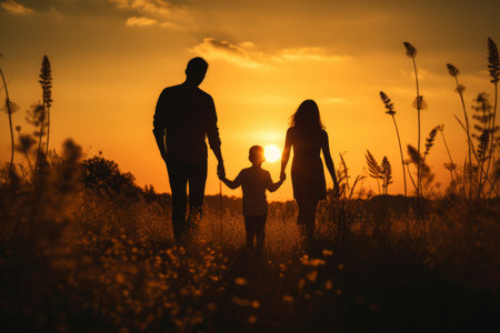 In this heartwarming silhouette, a happy family, including a mother, father, and child son, strolls through a picturesque meadow at sunset. Their togetherness radiates love, happiness, and a strong family bond, illustrating the beauty of a joyful lifestyle and mental health well-beingの素材